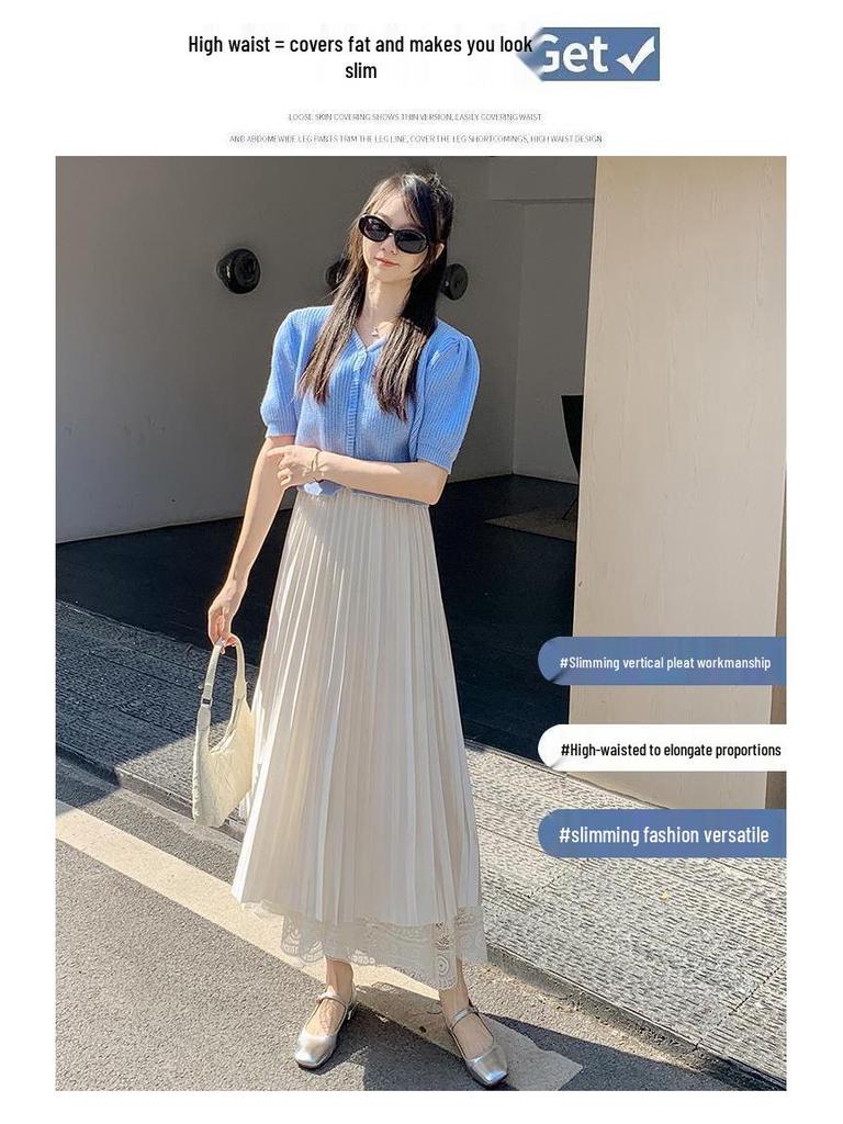 Double-Sided Long Lace A-Line Pleated Skirt for Women - 2025 Collection