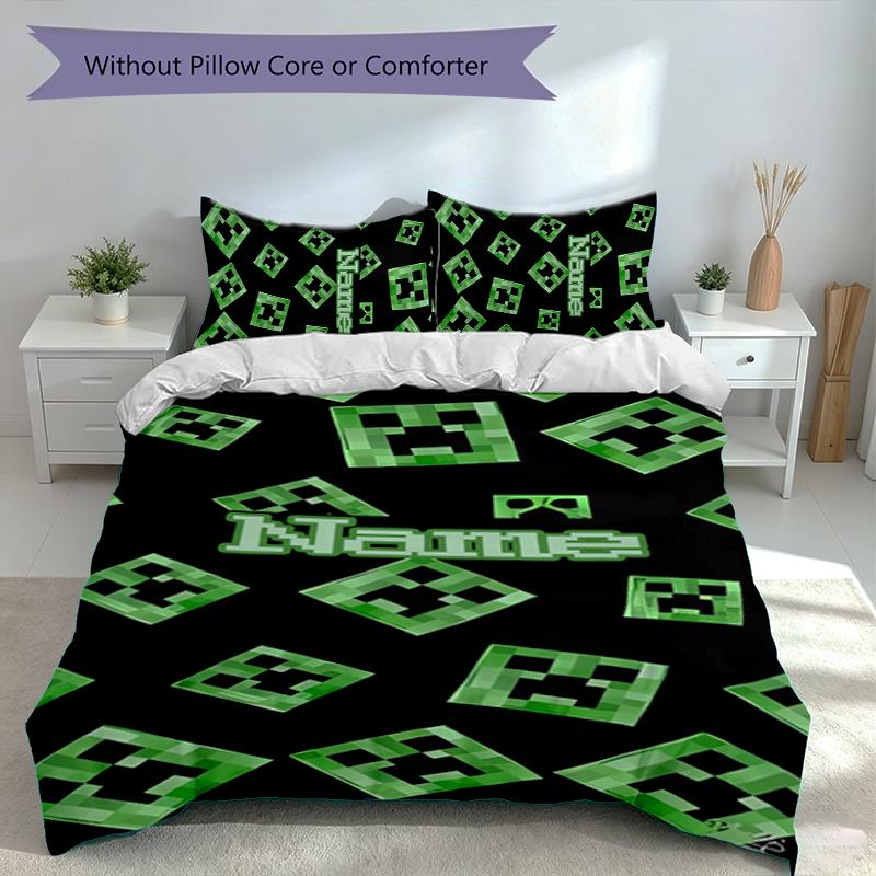 3pcs Custom Name Game Block Pixel World Set,Includes 1 Duvet Cover and 2 Pillowcases,All-season Bedroom Decor