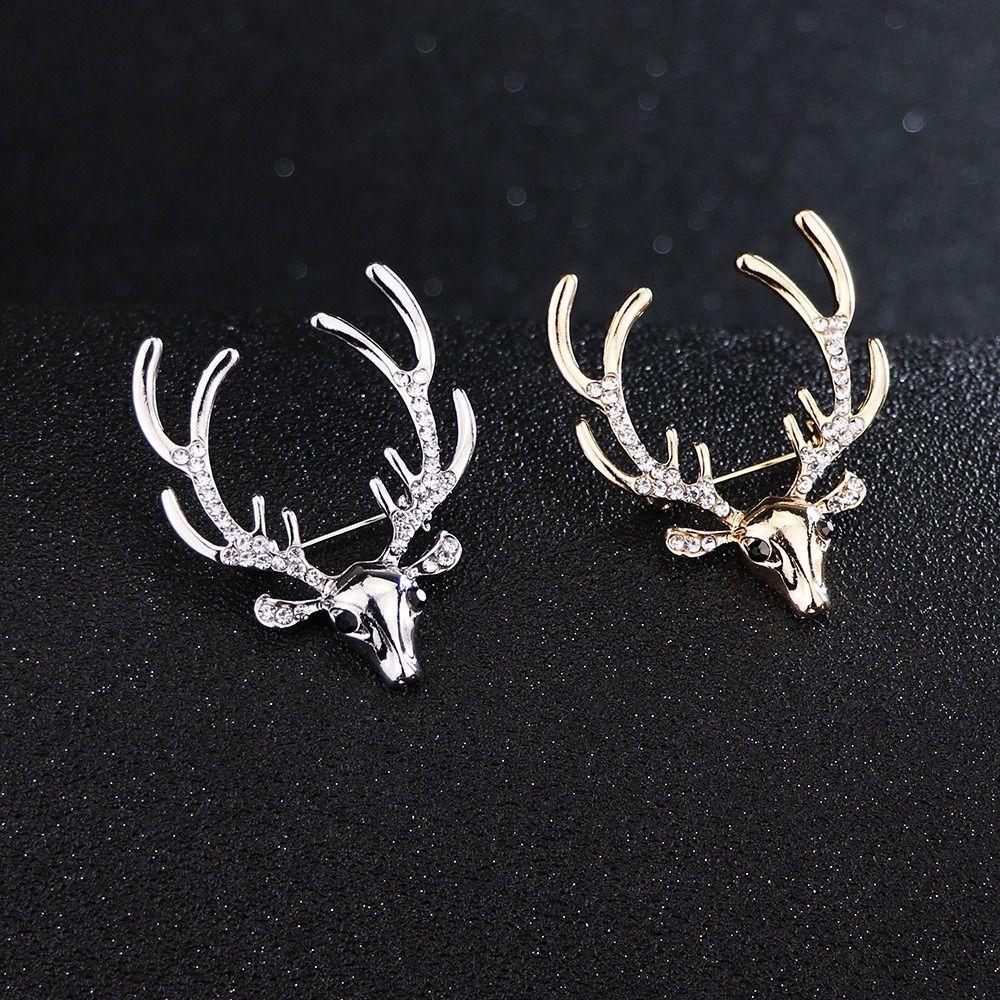 Zinc Zinc Alloy Elk Head Brooch Rhinestone Deer Metal Brooch Kawaii Christmas Badge Women