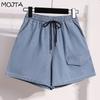 Женские джинсовые шорты, тонкие свободные прямые широкие брюки с высокой талией и шнурком, большие размеры с пятью точками
