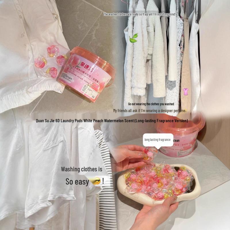 Капсулы для стирки Quansujie 6D - Аромат Белого Персика и Меда, Аромат Камелии, Мощное удаление пятен, Длительная свежесть - 70 капсул
