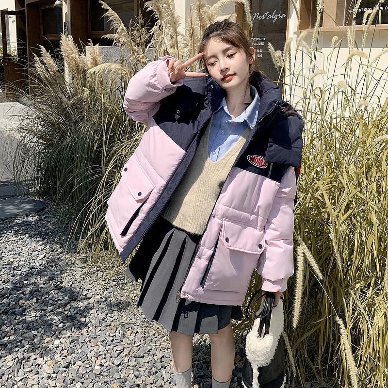 Down cotton clothes women's medium and long new contrasting colors college style bread clothes winter hooded loose cotton-padded coat