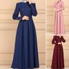 Buttons Decor Pleated Large Hem Maxi Dress Solid Color O-Neck Buttons Cuff High Waist Dress for Daily Life