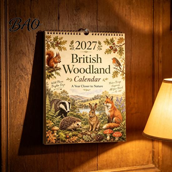 Decorative Daily Organizer 2027 British Woodland Calendar, 12 Month Hanging Planner, Thick Gift for Students Paper Desk Calendar Home Office
