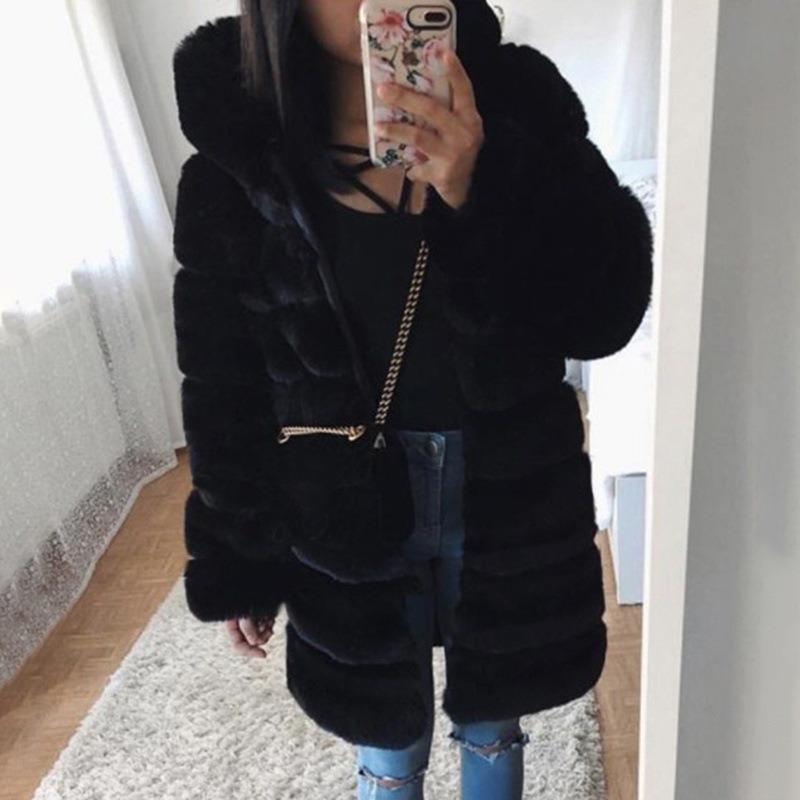 Women's Pink Faux Fur Hooded Puffer Coat Warm Mid-Length Winter Jacket Office Lady