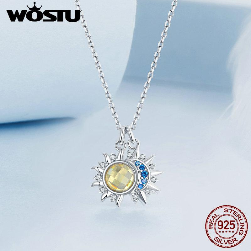 WOSTU 925 Sterling Silver Moon Sun Pendant Necklace Women Blue CZ Yellow Crystal Charm Necklaces Valentine's Mother's Day Gifts