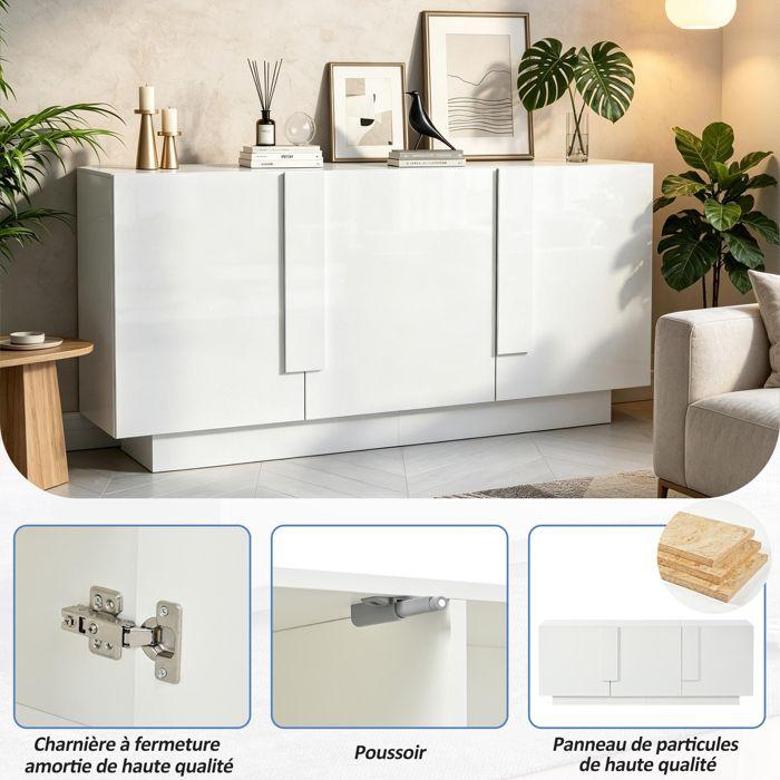 Buffet salon blanc brillant 160 x 35 x 60 cm 3 portes 6 compartiments étagères réglables grand rangement commode moderne chic déco!