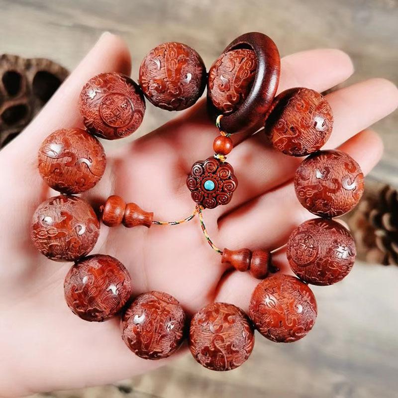 Small Leaf Red Sandalwood Pixiu With Flower-Shaped Pendant Single Loop Bead Bracelet 20Mm