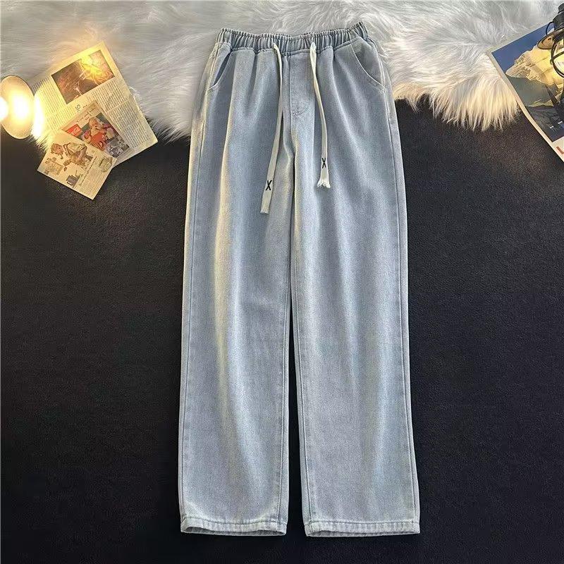 Spring And Autumn Harajuku Hong Kong Style Simple Loose Trend Ins Versatile Casual Drawstring Straight Long Pants Jeans For Men