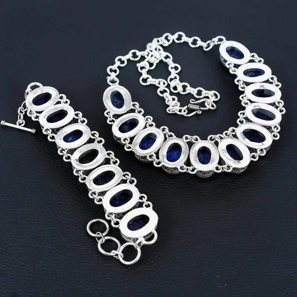 Blue Sapphire Gemstone Handmade 925 Sterling Silver Jewelry Neclace Bracelet Set, Antique Jewelry Set, Wedding Gifts Bracelet For Easter Gift