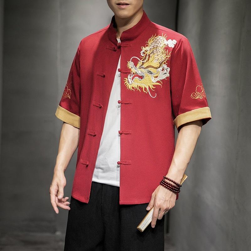 Mens Chinese Style Dragon Embroidered Tang Suit Shirt
