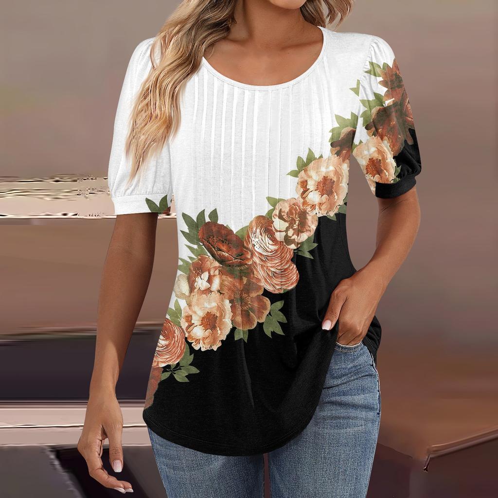 Женские пышные туники с короткими рукавами, топы, плиссированные блузки с воротником, повседневные свободные весенне-летние футболки