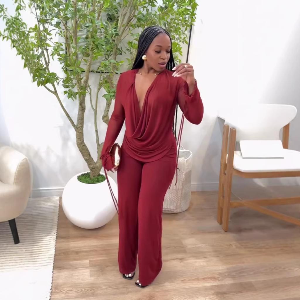 European and American fashion African long-sleeved trousers set swinging collar sexy versatile slim-fitting top pants two-piece set women