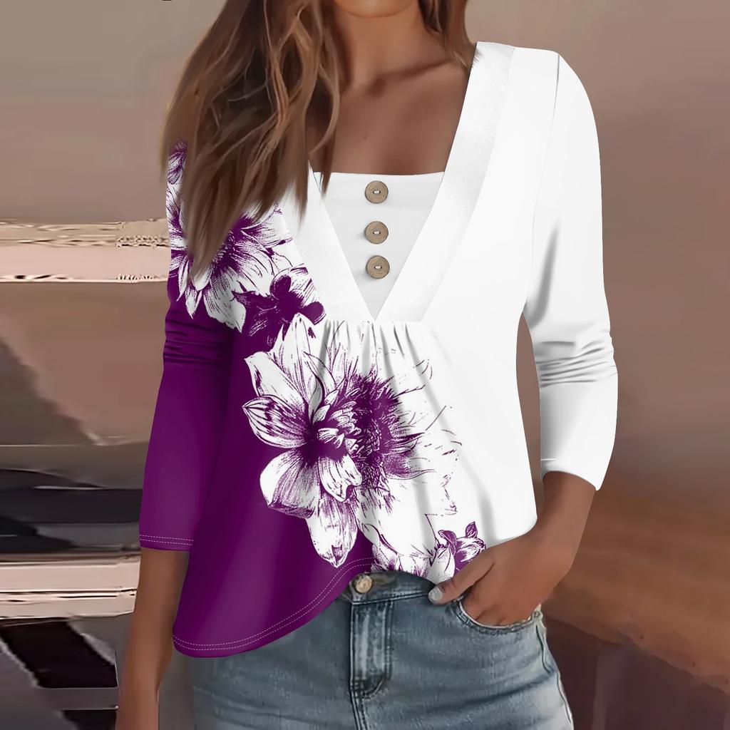 Women's Fashion Casual Long Sleeve Shirt Floral Printed Button V Neck Up Tops