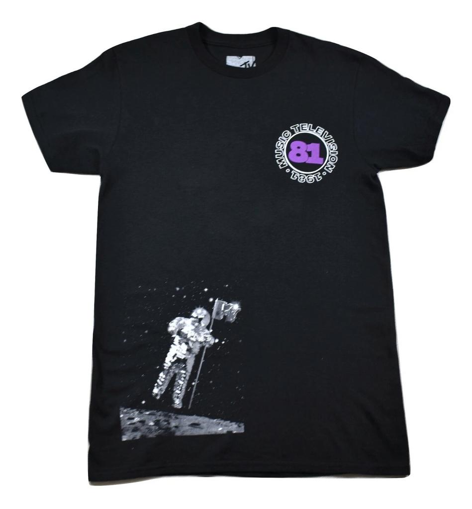 MTV Mens Music Television 1981 Moon Man Astronaut Logo Black Shirt New S, M