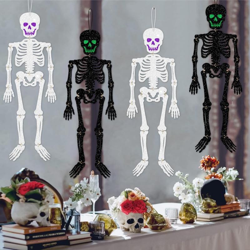 4 Pcs Halloween Skeleton Decorations, Hanging Skeletons, Glitter,Car Rearview mirror hanging ornament