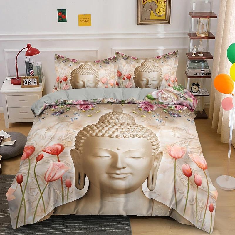 Buddha Bedding Collection Indian Religion Buddhism Meditation Mandala Duvet Cover Smile Buddha Floral Soft Quilt Cover Queen King Size