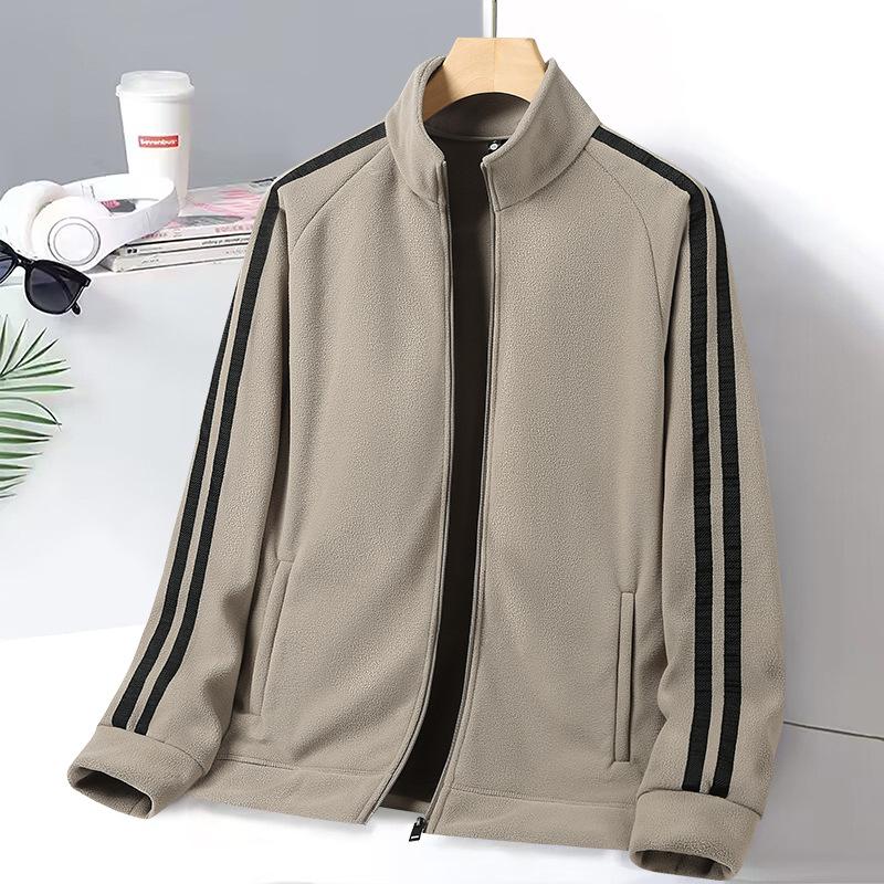 Men's Sports Outdoor Double-sided Velvet Rocking Jacket with Two Stripes and A Velvet Stand Collar