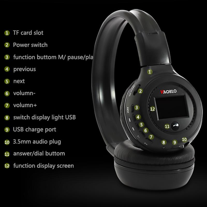 VAORLO Беспроводные наушники с Bluetooth, ЖК-дисплей, HiFi HD музыка с микроподдержкой TF/SD, воспроизведение для всех смартфонов