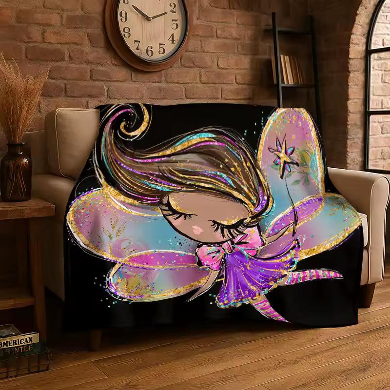 Ballet Girl Cartoon Flower Fairy Flannel Blanket Soft Warm Throw Blanket for Bedroom Living Room Bed Travel Camping Picnic Cover