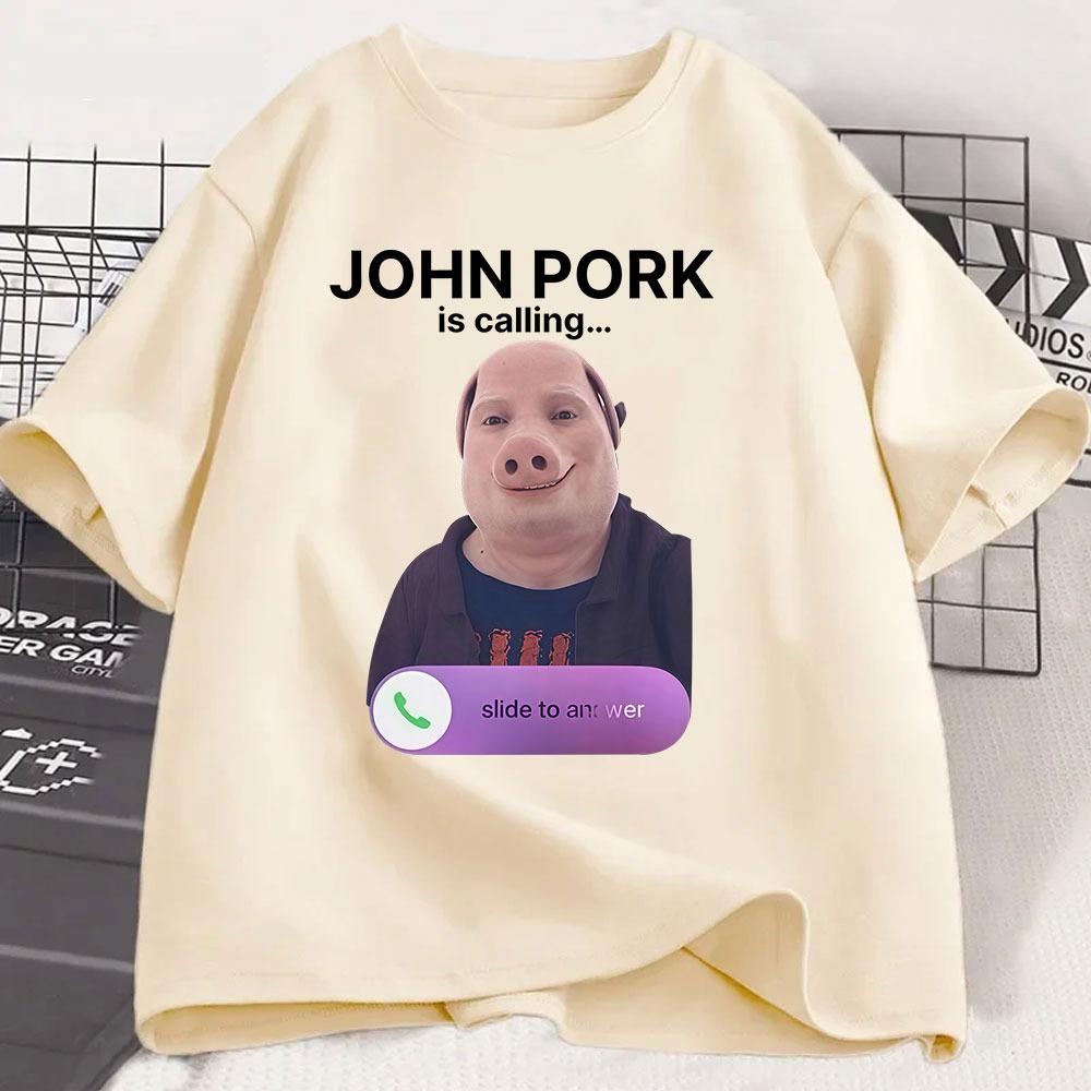 Футболка с надписью John Pork Is Calling Телефон Юмор Смешная графика свиньи Футболки Унисекс Женская одежда Хлопок Короткий рукав Оверсайз Футболки