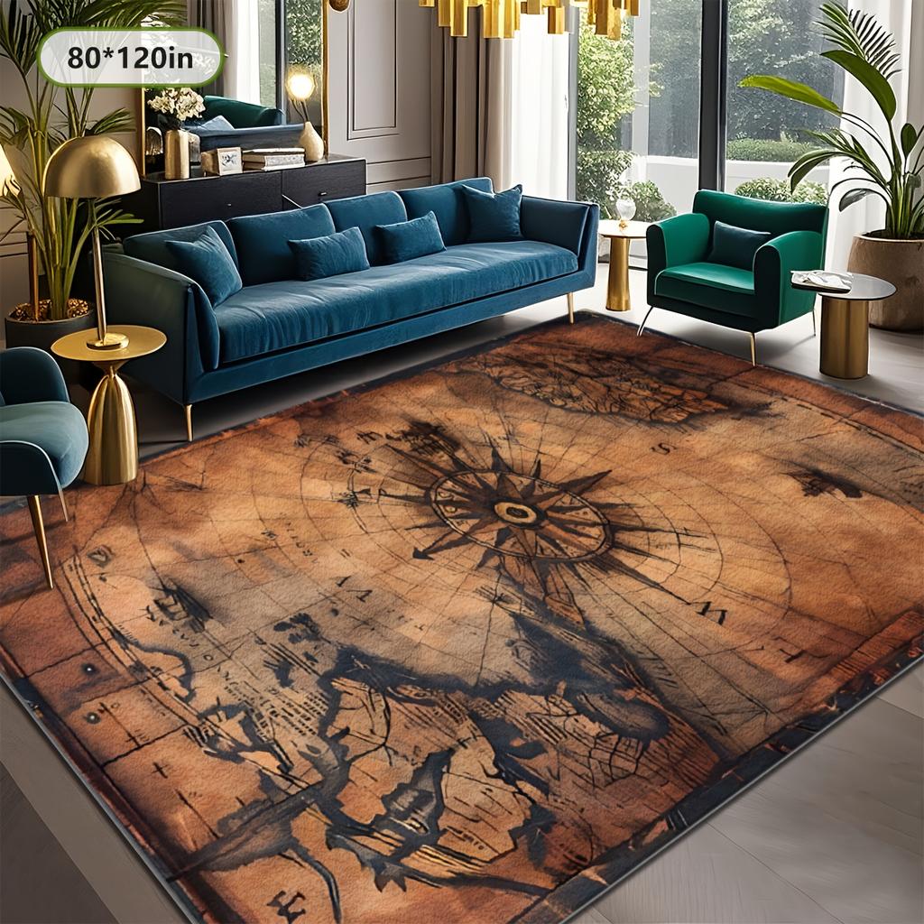 Extra‑Large Luxury Vintage World Map Decor Rug, Multi‑Color Soft Velvet‑Texture Hand‑Washable Floor Mat with Non‑Slip Base