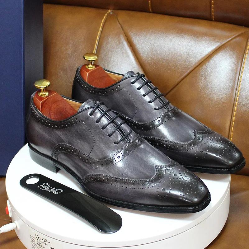 Fashion Big Sizes Handmade Mens Wingtip Oxford Shoes Genuine Calf Leather Traditional Brogue Dress Shoes Wedding Formal Shoes for Men