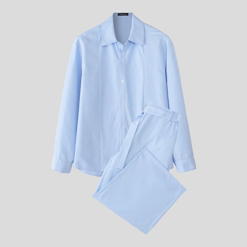 INCERUN 2PCS Men Striped Long Sleeve Shirts Long Pants Casual Outfits Sets