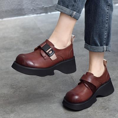 Туфли-лодочки на толстой подошве, легкие женские туфли из натуральной кожи, универсальные женские туфли на платформе с круглым носком в стиле ретро