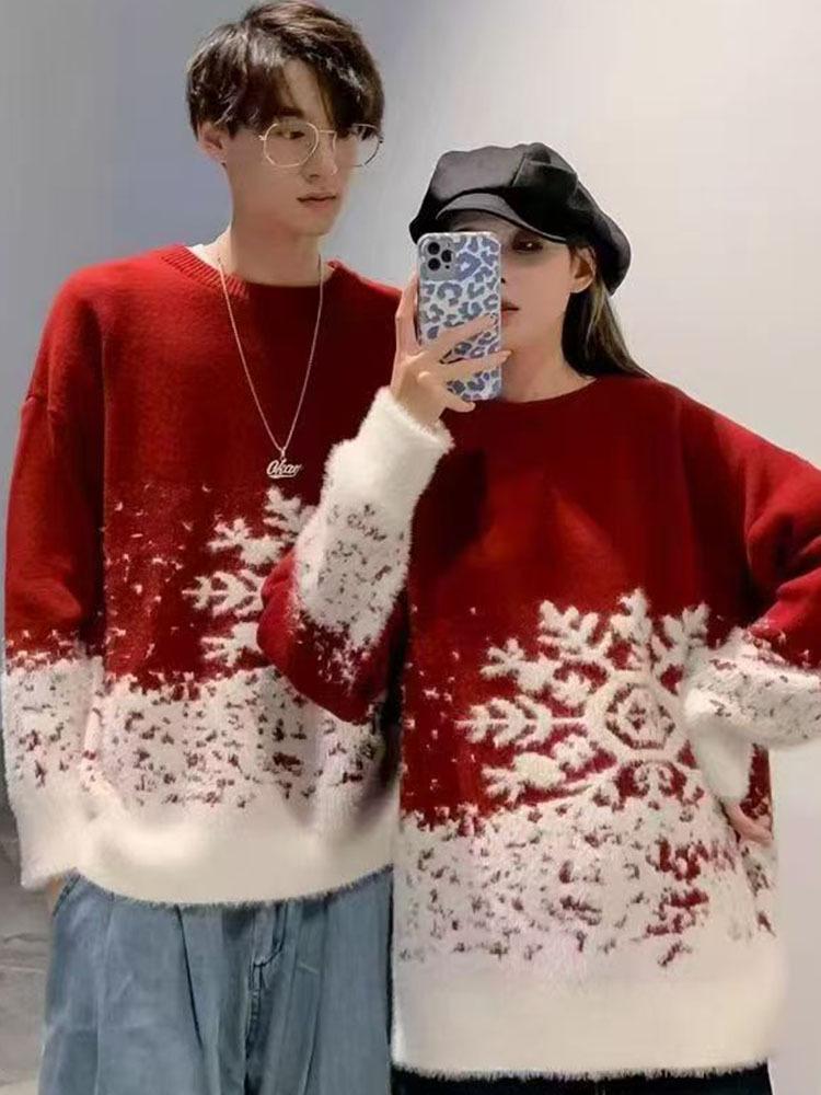 Unisex Snowflake Christmas Sweater: Warm, Thick, Loose Knitwear for Couples