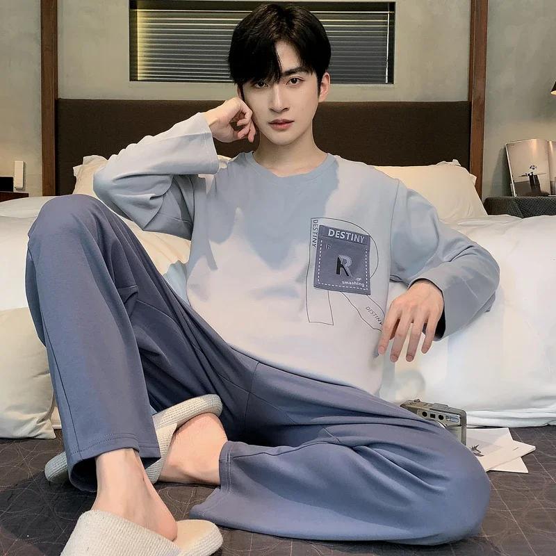 Полосатый хлопок Мужская ночная рубашка весна и осень O-образный вырез Домашняя одежда Длинный спальный топ брюки пижамы для мальчиков пижамы Hombre