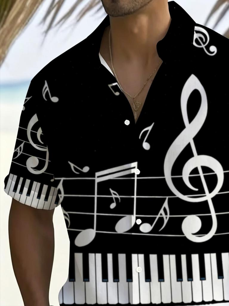 Men's Plus Size Short-Sleeve Shirt with Music Theme, Summer Trendy Print, Piano Keys and Music Notes Pattern Casual Top, PLUS SIZE