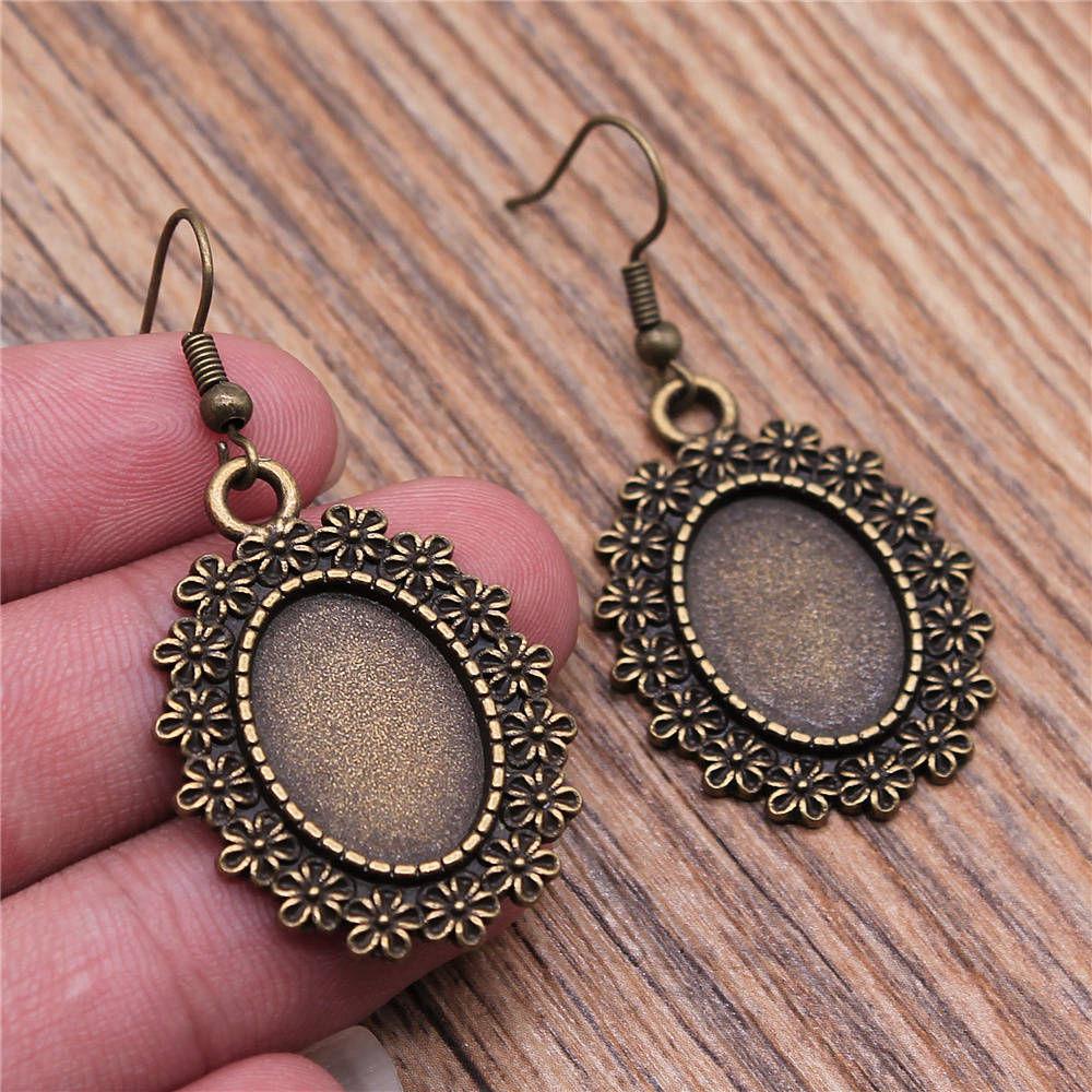 Drop & Dangle Earring Oval Ear Hook Glass Cabochon Base Setting Tray Vintage Jewelry SuppliesEarring Size 18x19mm QE017