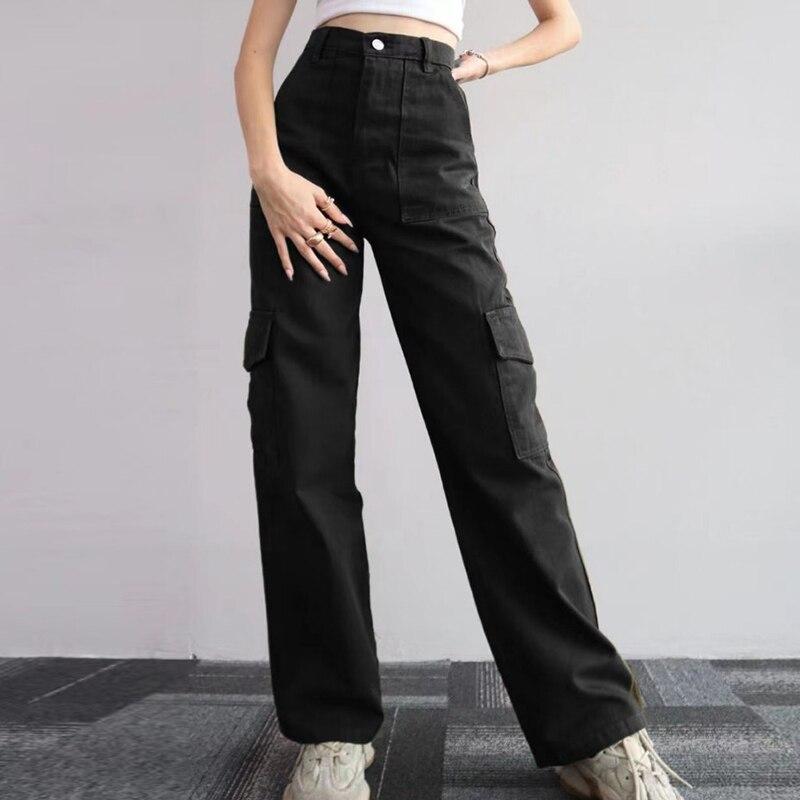 Уличные повседневные широкие брюки-карго, женские однотонные брюки-карго со средней талией, мешковатые брюки, модные тонкие спортивные прямые свободные брюки