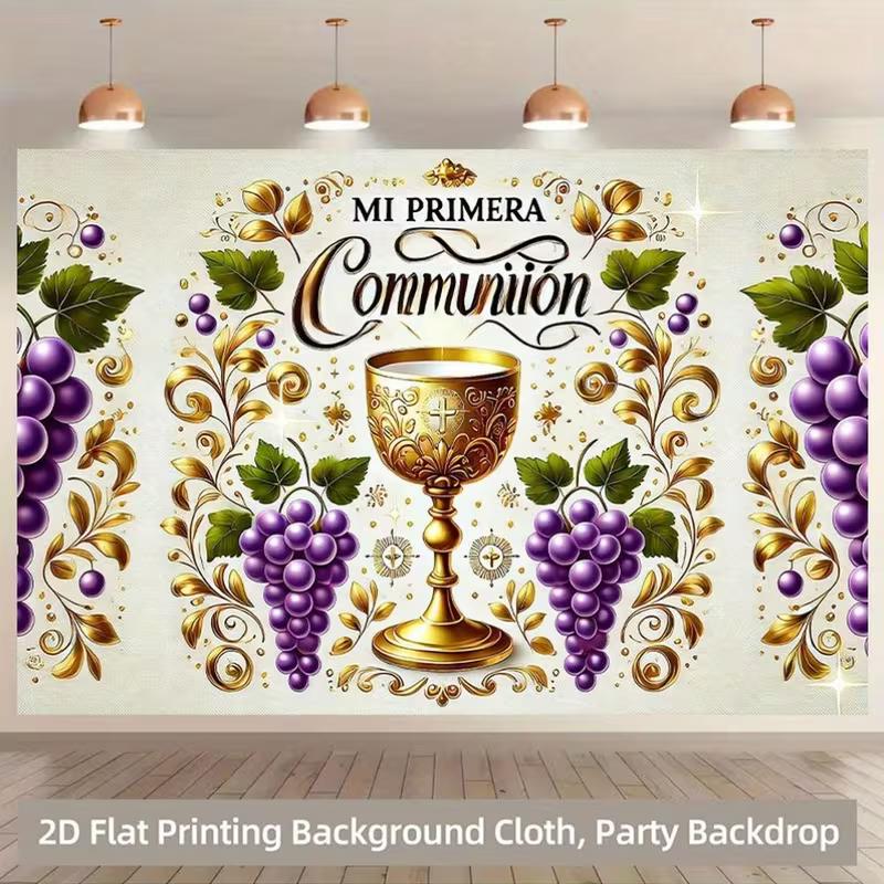 2D Mi Primera Comunion Photography Background, First Communion Golden Chalice and Grape Decor Banner