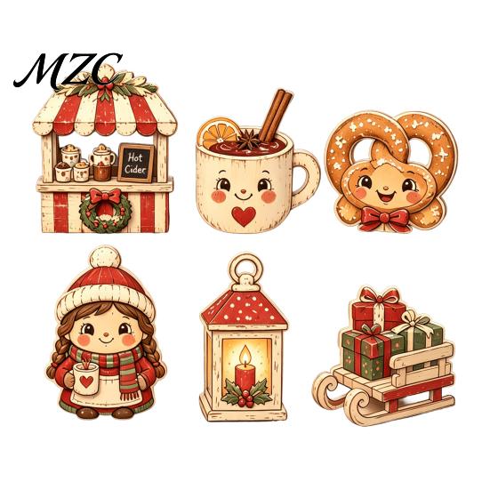 Vintage Style Holiday Ornaments 6Pcs Wooden Christmas Figurines, Desktop Ornaments, Retro Cartoon Farmhouse Signs Tabletop Decorations for Tiered Tray