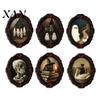 Gothic Style Office Cubicle Decor Halloween Wooden Refrigerator Magnet, Vintage Fridge Magnets, Oval Frame Decorative Spooky Skeleton Magnets