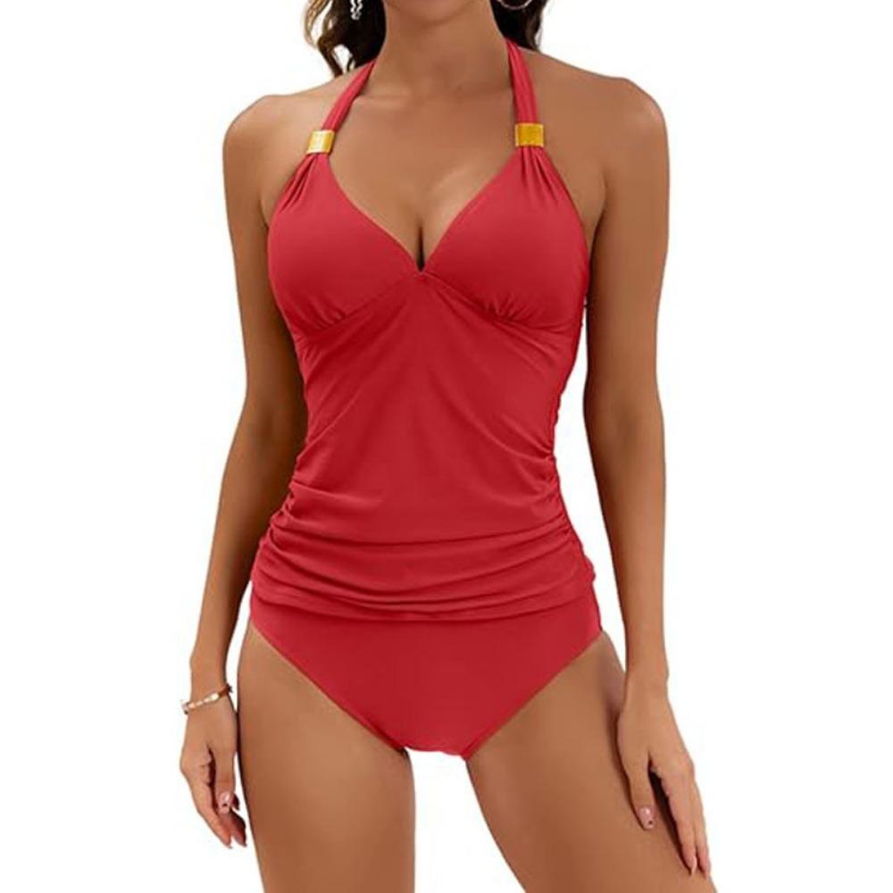 Women's Pure Color Halter Split Strap Belly Contracting Two Piece Swimsuit V-neck Swimsuit with Shorts