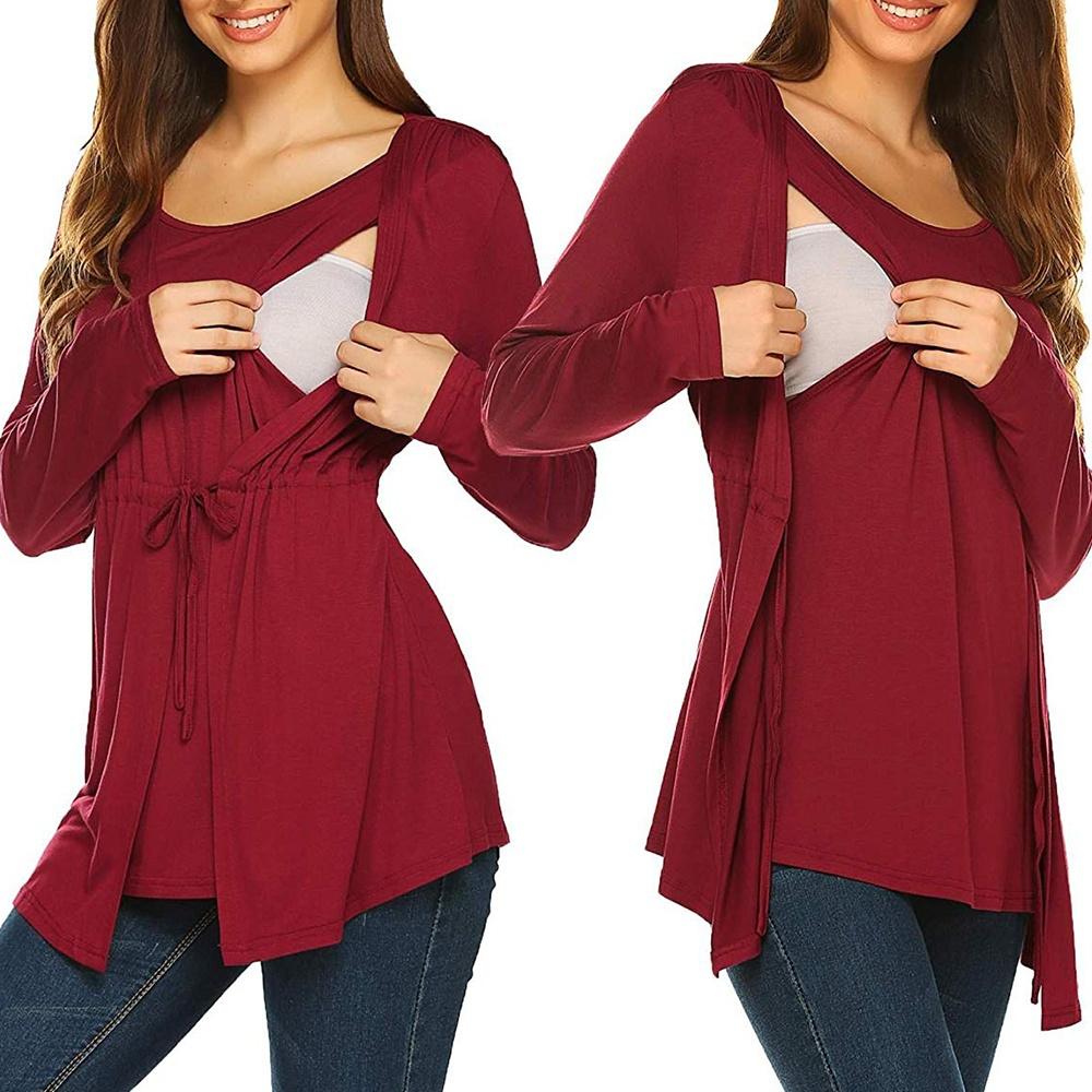 Женская футболка для беременных с длинным рукавом, двухслойная футболка для кормящих мам для грудного вскармливания