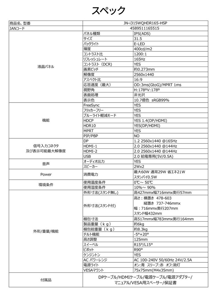 JAPANNEXT Inch Gaming Monitor 165Hz 1ms WQHD 2560x1440 Resolution IPS Panel Display Light Angle 31.5 (HDMI/DisplayPort/VESA Compatible/height