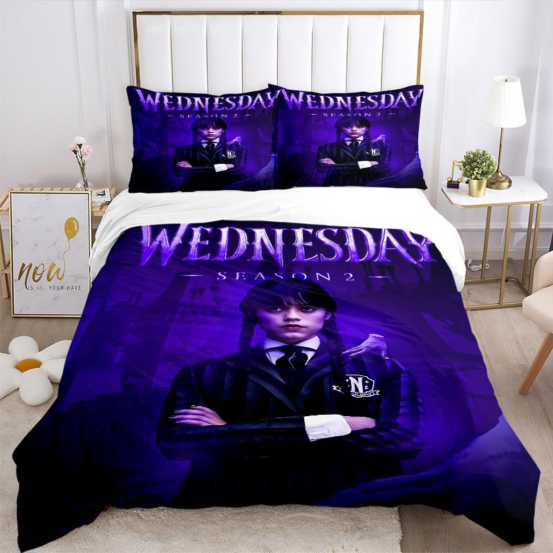 3pcs Wednesday Addams Printed Quilt Set - Includes 1 Quilt Cover and 2 Pillowcases, Machine Washable - Suitable for All Seasons.H101
