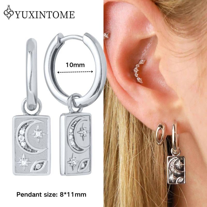 YUXINTOME 925 Silver Ear Needle Zircon Hoop gold Earrings For Women Square Plate Pendant Cutout Heart Earrings Fashion Jewelry