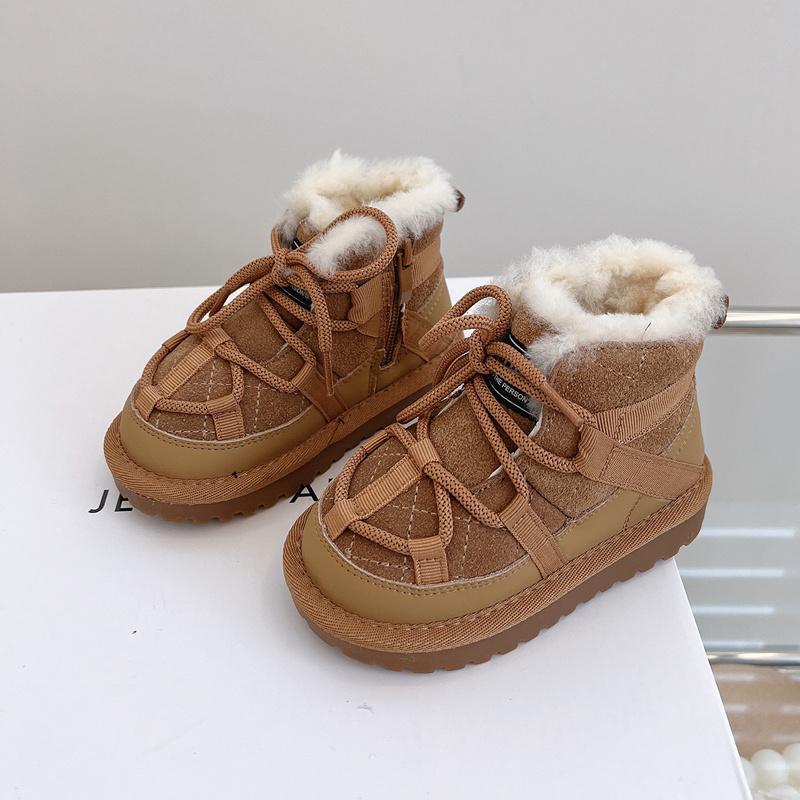 2024 New Winter Children Snow Boots Genuine Leather Warm Plush Toddler Boys Shoes Non-slip Fashion Baby Girls Boots 1-6 Years
