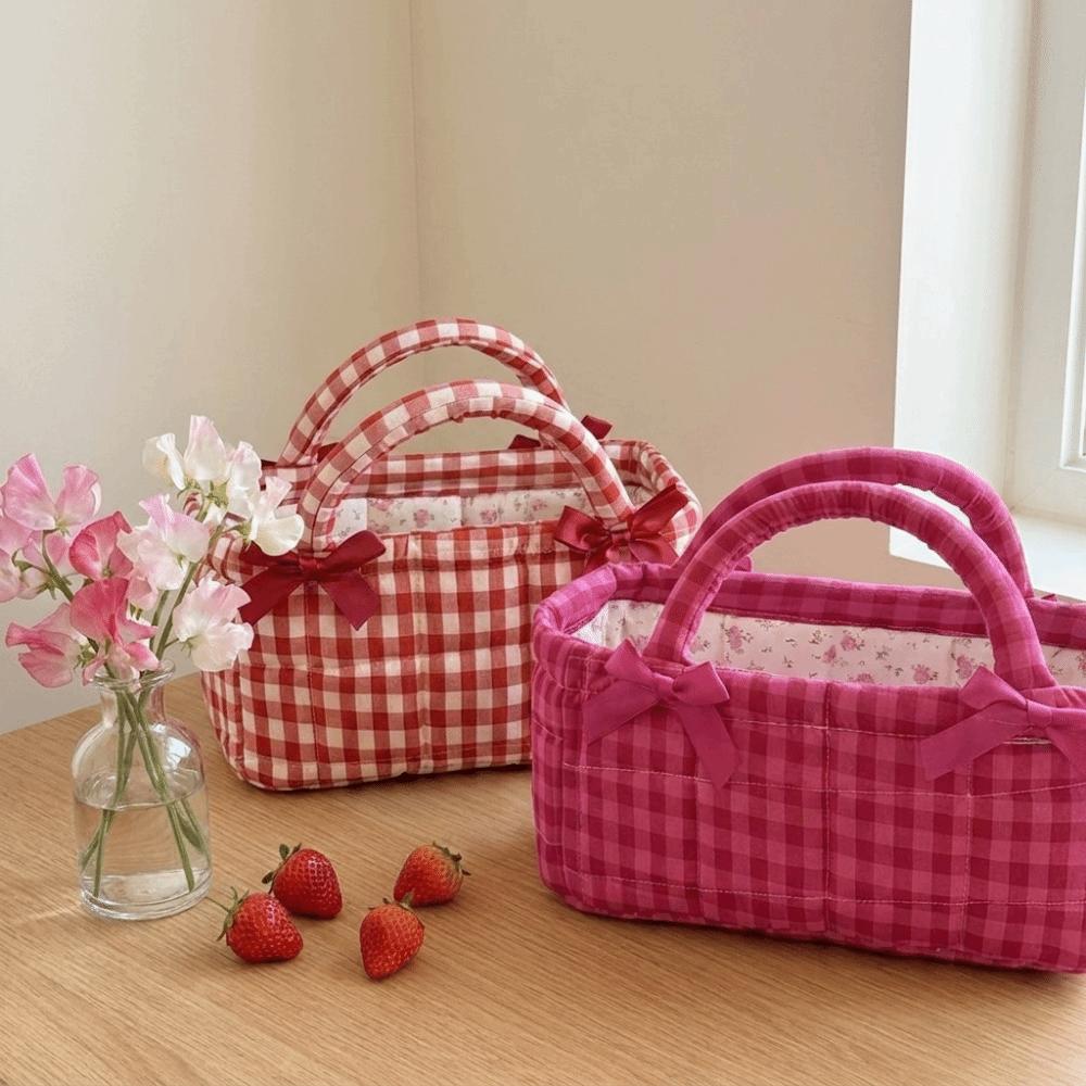 Bow Decor Picnic Bag Plaid Design Storage Basket French Style Fabric Organizer Daily