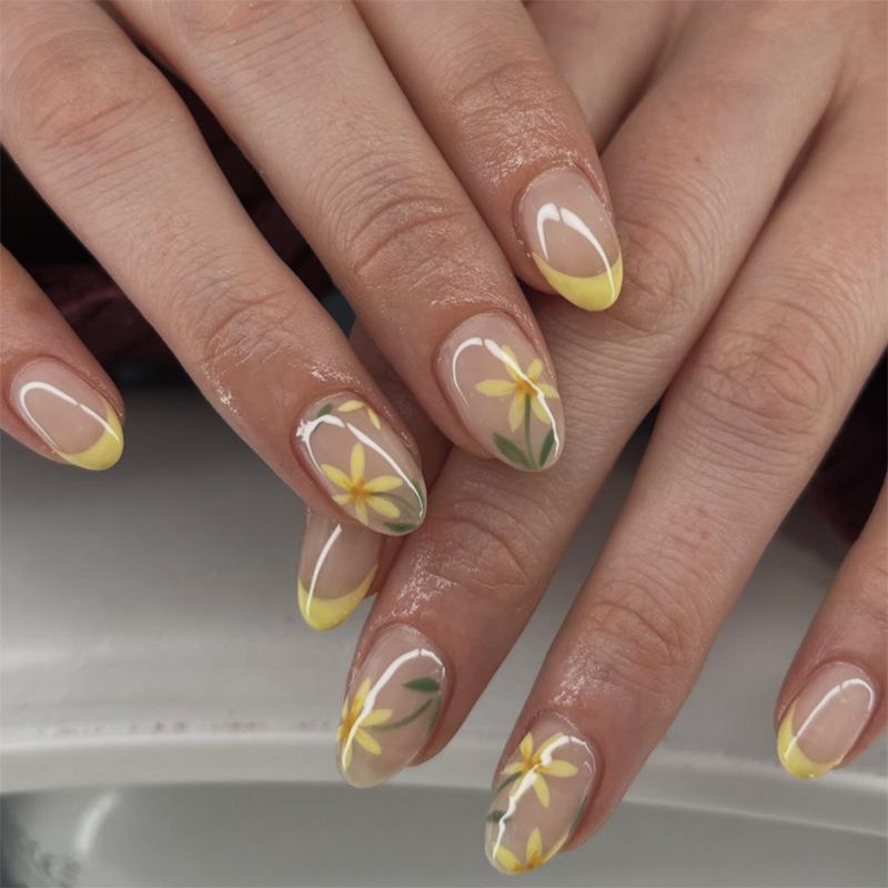 French Yellow Almond Gel Nails with Fresh Flower Design - Detachable Short Wearable False Nails