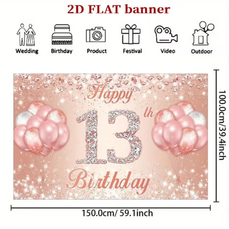 2D Rose Gold Birthday Banner, 13th Birthday Glitter Balloon Party & Live Background