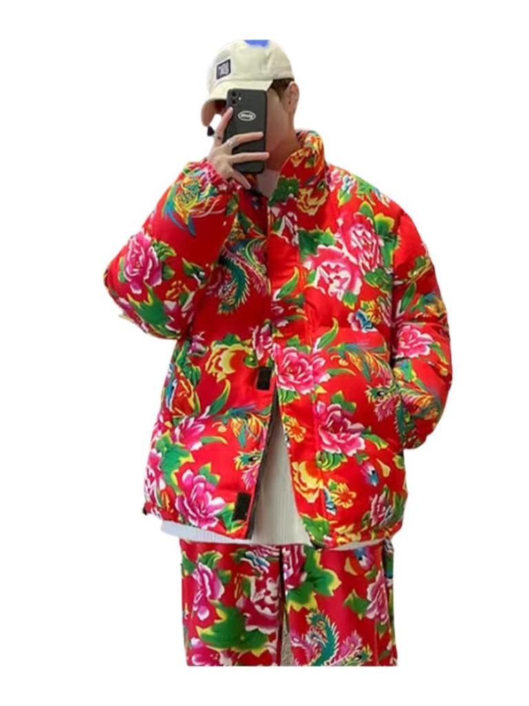 Men's Large Floral Cotton-Padded Jacket - Winter Thickened, Trendy Plus Size, Loose Fit, Short Outerwear