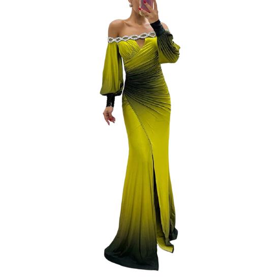 Женское вечернее платье с открытыми плечами, ажурное свадебное платье со стразами, обтягивающее плиссированное выпускное платье макси с длинными рукавами-фонариками и разрезом по низу, бальное платье