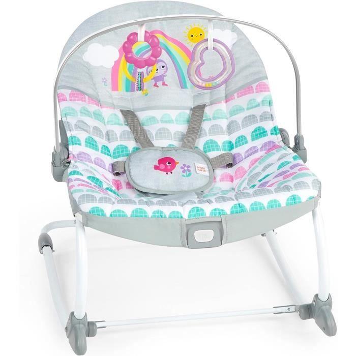 BRIGHT STARTS Transat bébé évolutif Arc-en-Ciel, rose, Vibrations apaisantes, 2 positions d'inclinaison, jusqu'a 30 mois