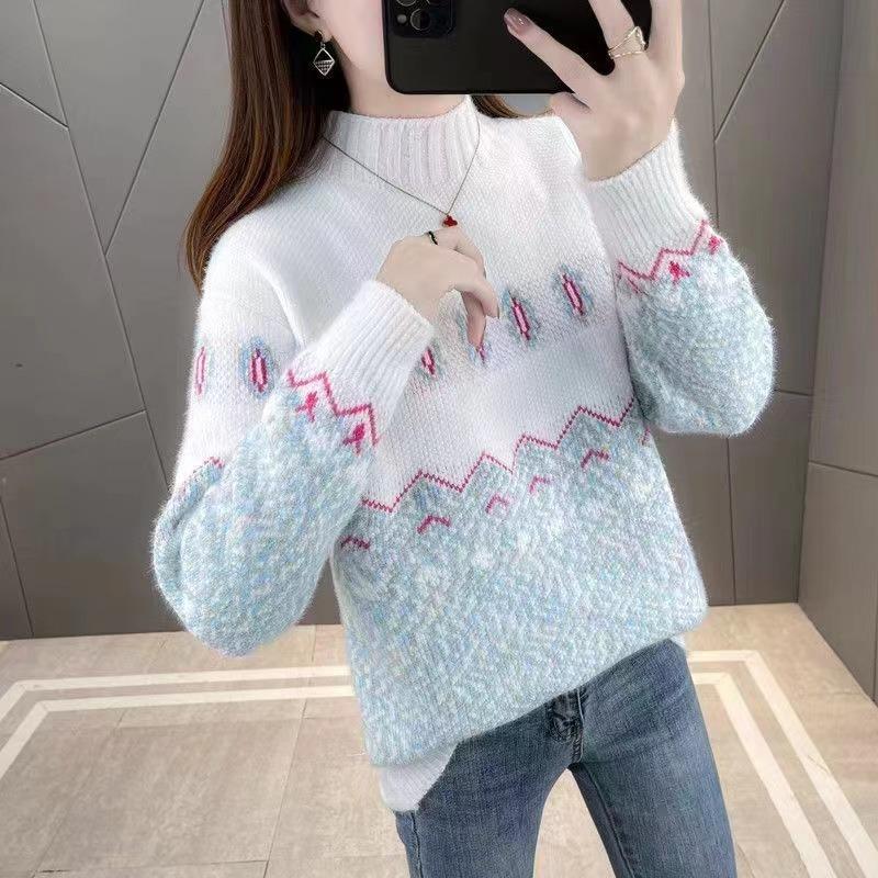 Autumn and Winter New Imitation Mink Velvet Color Matching Chenille Semi-turtleneck Sweater Women's Knitted Sweater with Loose Top